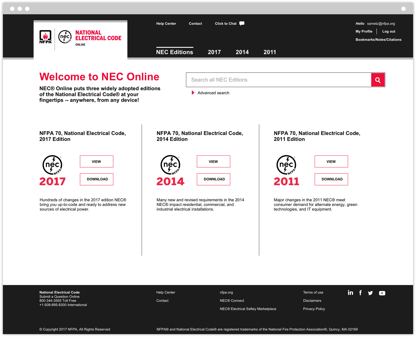 National Electric Code website homepage logged in view