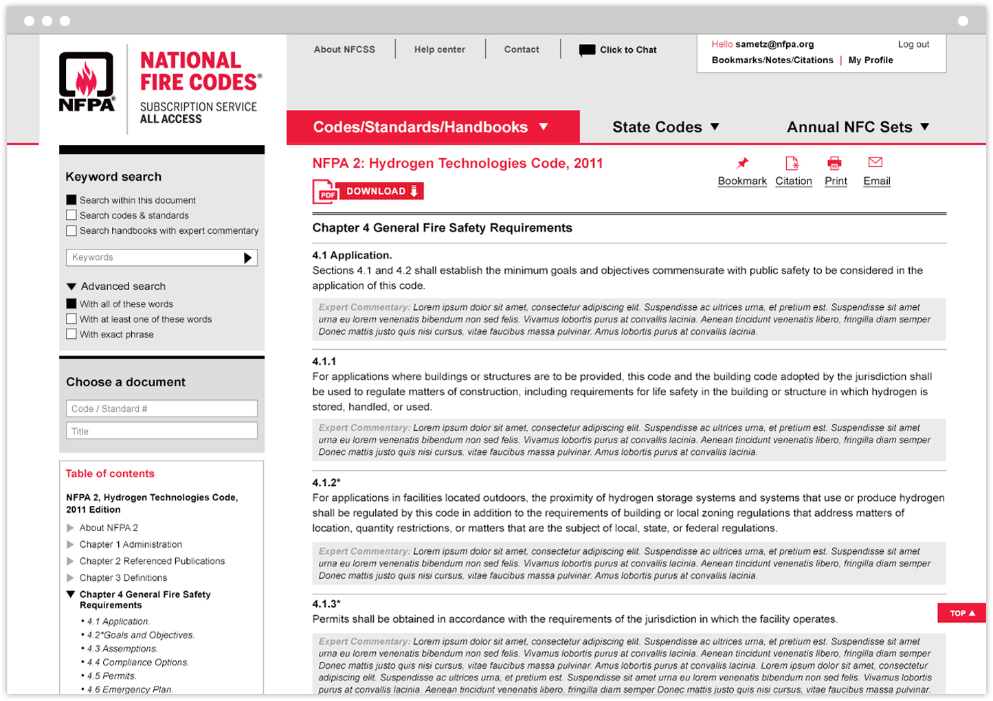 Nation Fire Codes Subscription Service web tool interior page