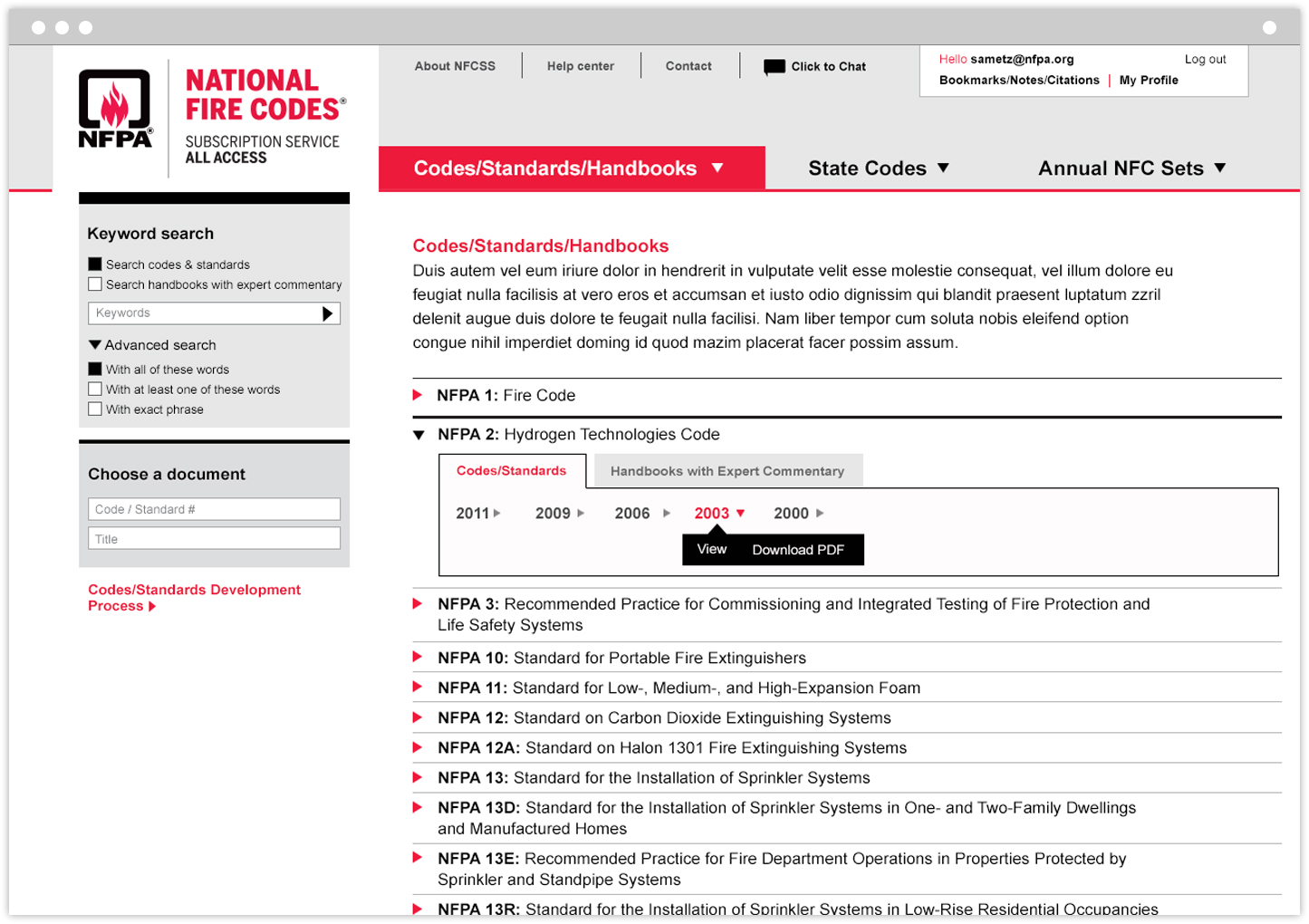 National Fire Codes Subscription Service web tool interior page