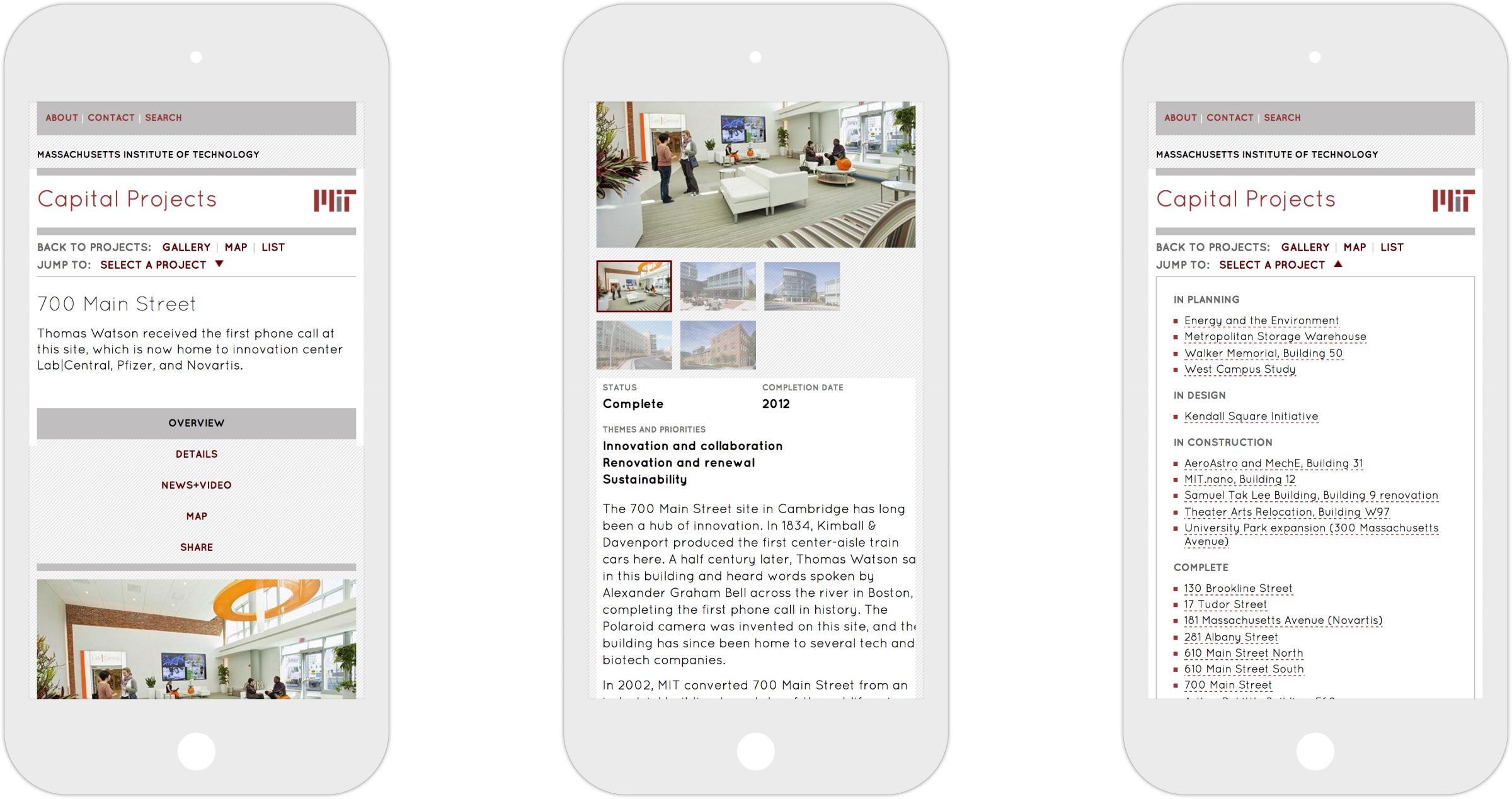 Three views of MIT Capital Projects responsive website on iPhone