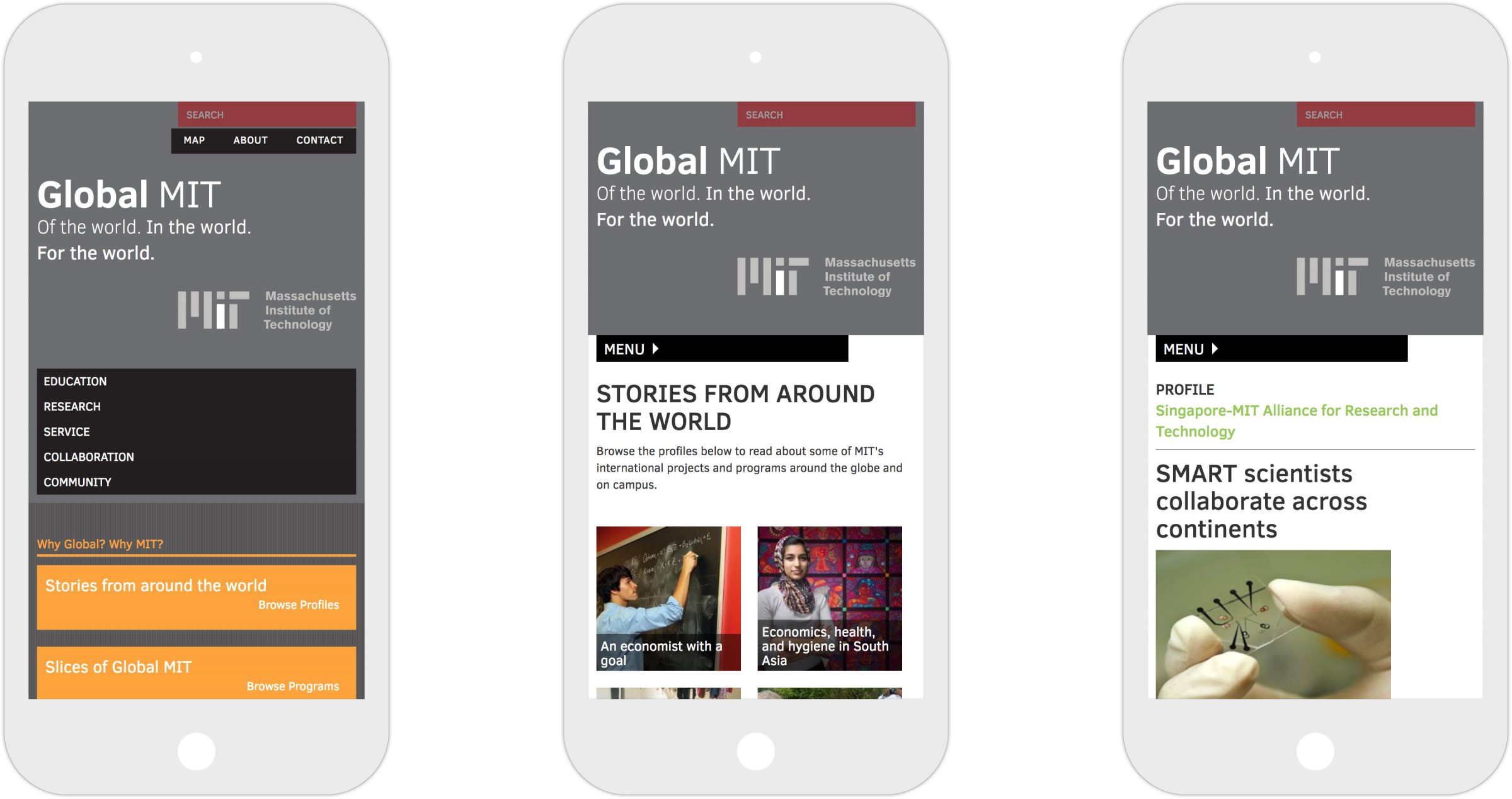 Three views of responsive MIT Global responsive website on iPhone