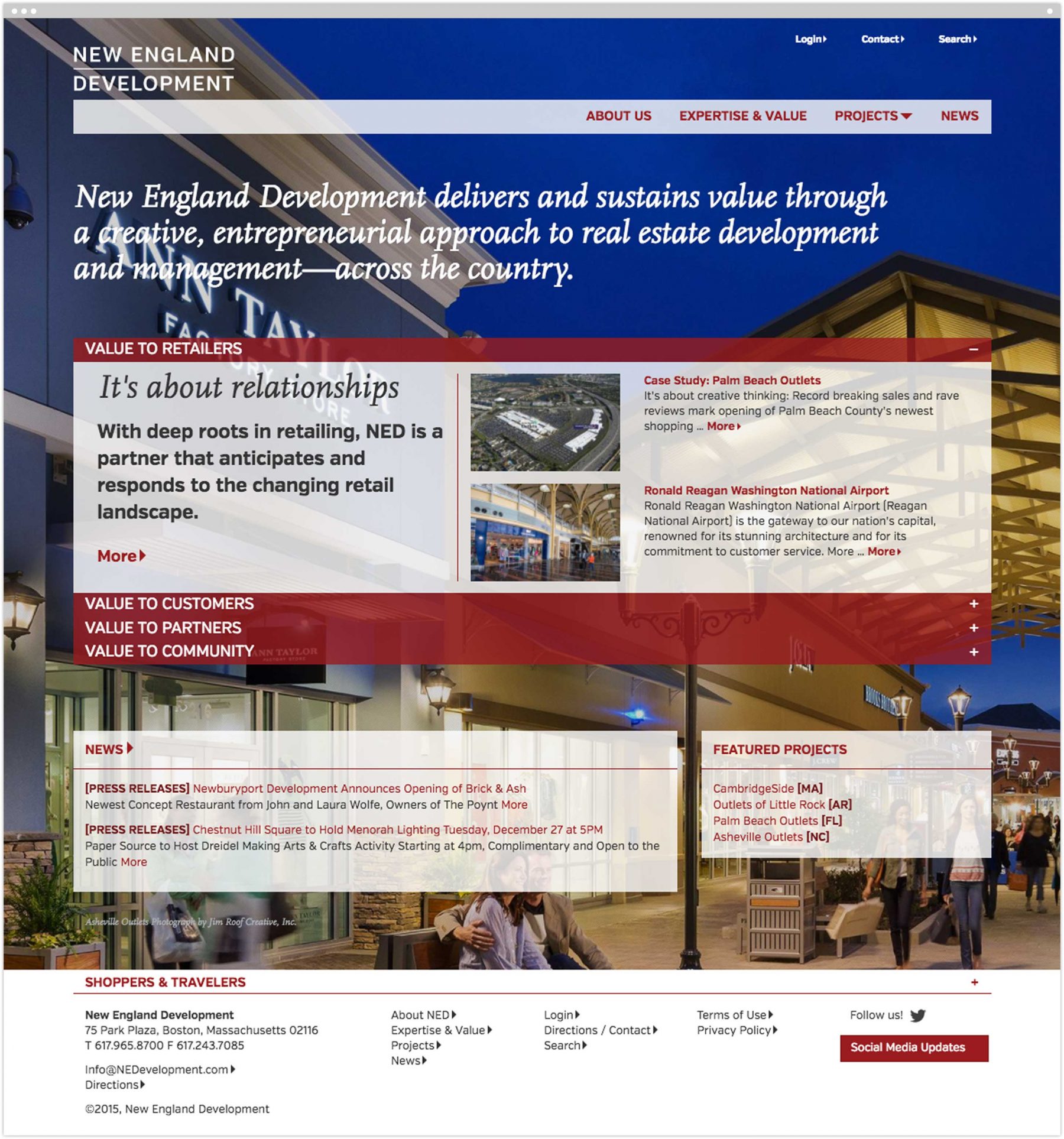 New England Development homepage with open accordion